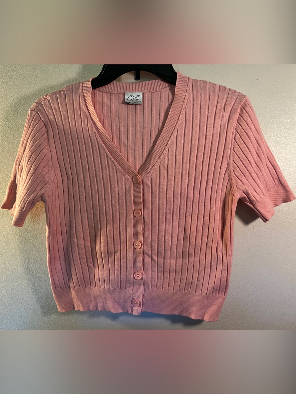 Cielo Pink Ribbed Short Sleeve Button Cardigan